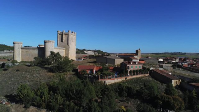 Beautiful village with castle. Torrelobaton. Valladolid, Spain. Aerial Drone Footage