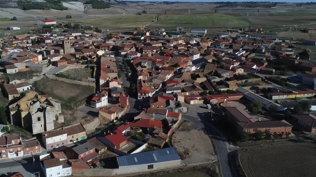 Beautiful village with castle. Torrelobaton. Valladolid, Spain. Aerial Drone Footage