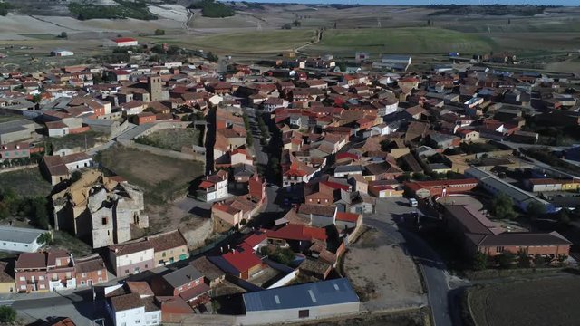 Beautiful village with castle. Torrelobaton. Valladolid, Spain. Aerial Drone Footage