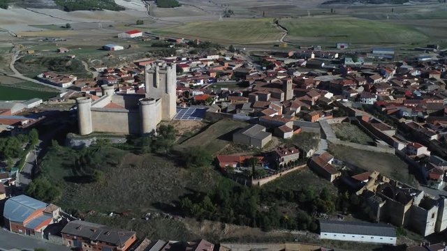 Beautiful village with castle. Torrelobaton. Valladolid, Spain. Aerial Drone Footage