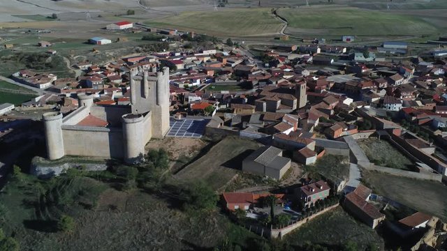 Beautiful village with castle. Torrelobaton. Valladolid, Spain. Aerial Drone Footage