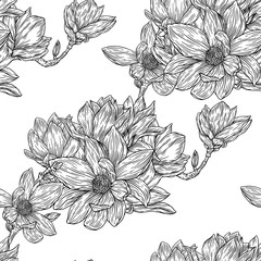Vector seamless pattern with outline magnolia flower, ornate buds and leaves on the white background. Elegance floral background in contour style for summer design and coloring book.