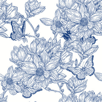 Tropical flowers seamless pattern in sketch style on white background - hand drawn exotic blooms of magnolia with butterfly. Vector illustration. 