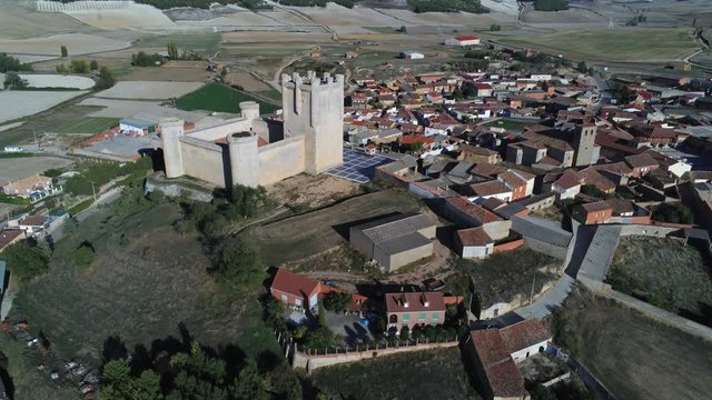 Beautiful village with castle. Torrelobaton. Valladolid, Spain. Aerial Drone Footage