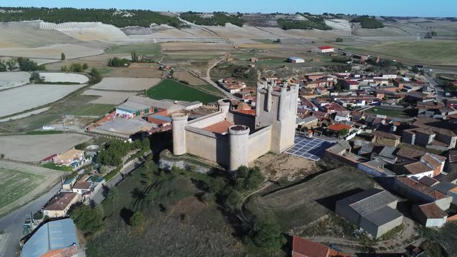 Beautiful village with castle. Torrelobaton. Valladolid, Spain. Aerial Drone Footage