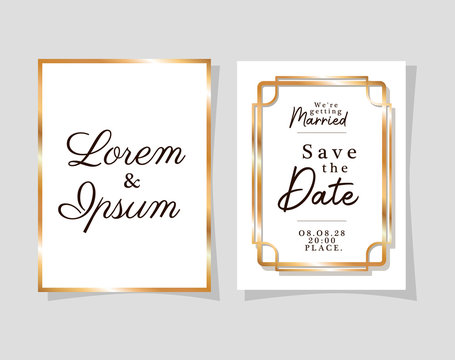 Two wedding invitations with gold frames design, Save the date and engagement theme Vector illustration