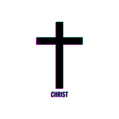 Christian cross in glitch, tv, vhs design, vector illustration isolated on white background with gradient lines