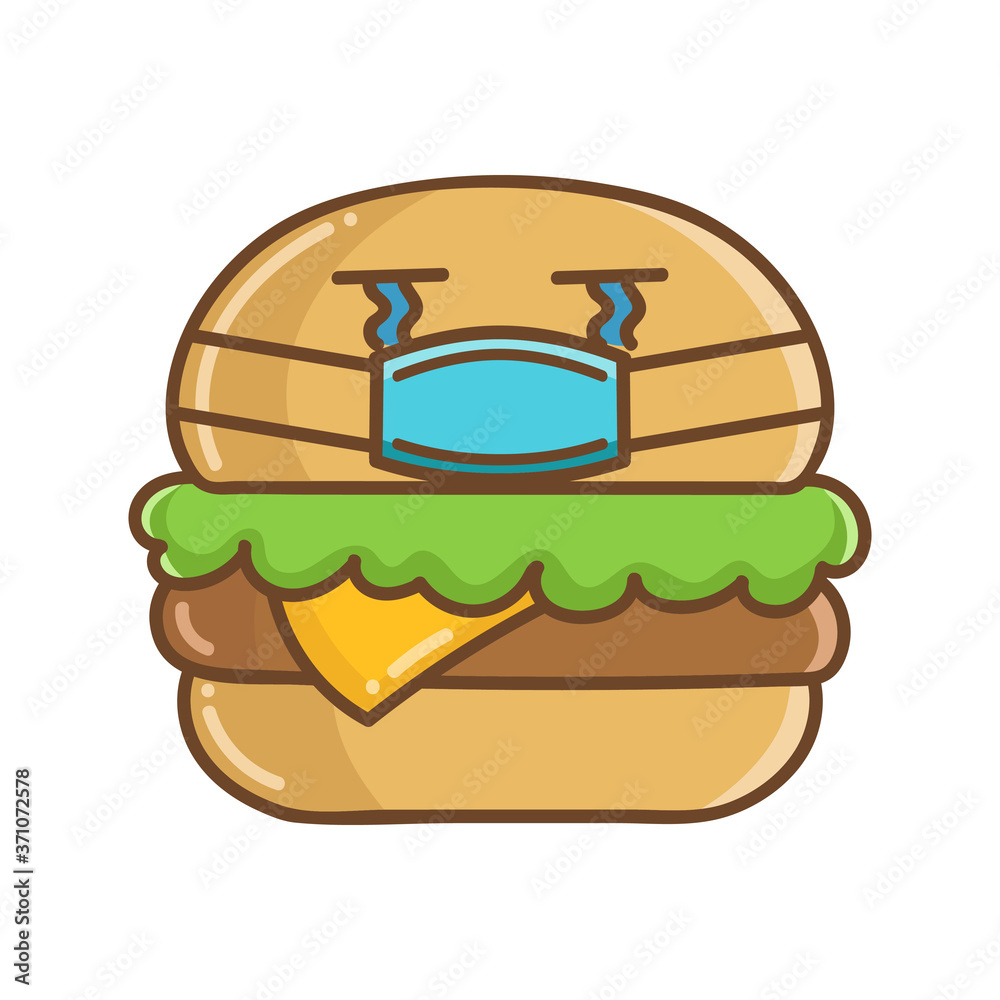 Wall mural kawaii hamburger wearing protective face mask cartoon