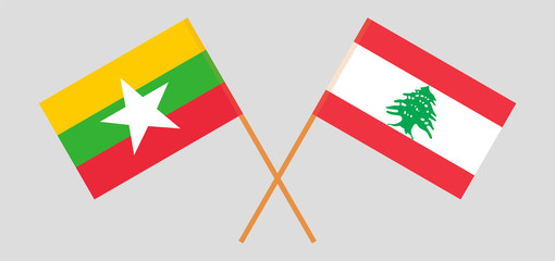 Crossed flags of Lebanon and Myanmar