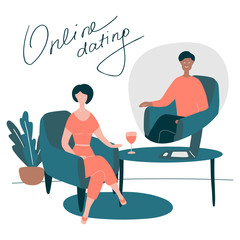 Young woman talks with man by videocall. Couple talks and drinks wine on online date. Online dating site concept. Video call, network communication, acquaintance via Internet. Hand drawn vector