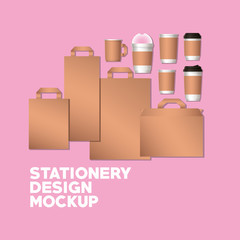 mockup set of bags and mugs on pink background of corporate identity and stationery design theme Vector illustration © Grgroup