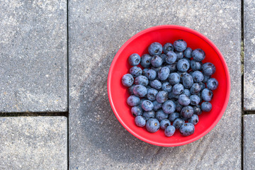 Top view of blueberries in a red bowl