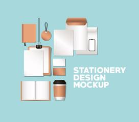 mug and mockup set on blue background of corporate identity and stationery design theme Vector illustration © Grgroup