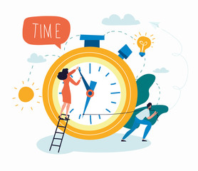 Time management and efficiency or work flow concept with businesswoman adjusting the hands of a clock, colored vector illustration