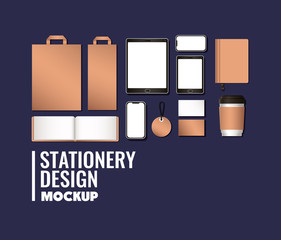 bags and mockup set on blue background of corporate identity and stationery design theme Vector illustration © Grgroup