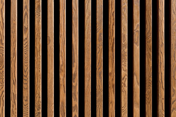 Texture of wood lath wall background. Seamless pattern of modern wall paneling with vertical wooden...