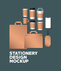 mugs and mockup set on green background of corporate identity and stationery design theme Vector illustration © Grgroup