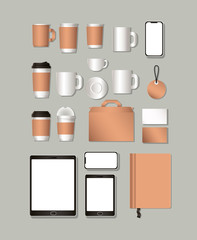 mugs tablet and mockup set on gray background of corporate identity and stationery design theme Vector illustration © Grgroup