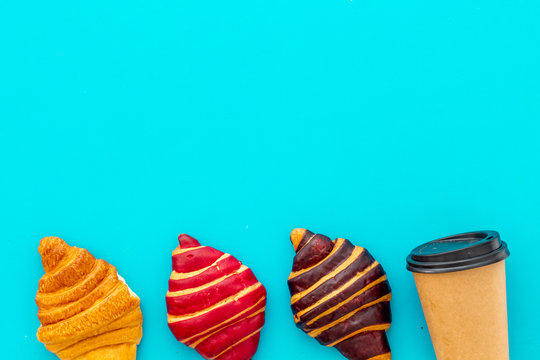 Croissants With Coffee - Breakfast On Blue Stone Table Top View