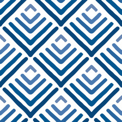 Blue ink rhombuses isolated on white background. Geometric seamless pattern. Vector flat graphic hand drawn illustration. Texture.