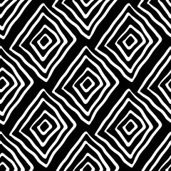 White curves contour rhombuses Isolated on black background. Geometric monochrome seamless pattern. Vector flat graphic hand drawn illustration. Texture.