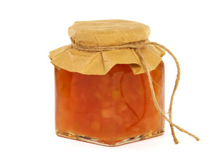 Pear and apple jam in a glass jar isolated on white	