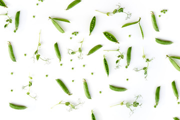 Flat lay natural light green snap peas isolated on white . High quality photo