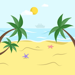 Fototapeta na wymiar Tropical island with palm trees and starfishes on the sand. Palm tree on the beach and sea view. Vector illustration