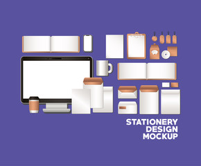 computer and mockup set on blue background of corporate identity and stationery design theme Vector illustration © Grgroup
