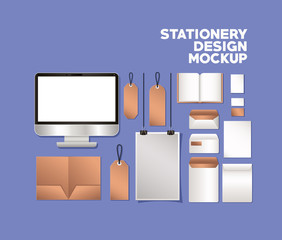 computer and mockup set on blue background of corporate identity and stationery design theme Vector illustration © Grgroup