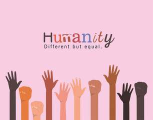 Obraz premium humanity different but equal and diversity open and fists hands up design, people multiethnic race and community theme Vector illustration