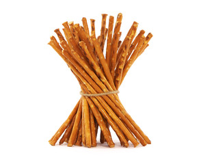 Pretzel sticks with salt tied with string, isolated on a white
