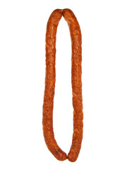 Thin smoked sausages, isolated on a white background