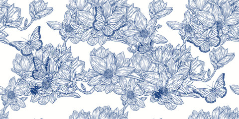 Seamless pattern with outline magnolia flower, ornate buds and leaves on the white background. Elegance floral background in contour style for summer design and coloring book. © Very Well Studio