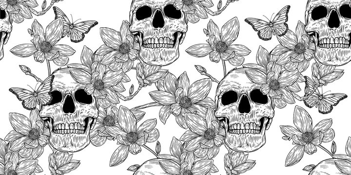Seamless pattern with image a skull and with magnolia flowers. Hand drawn vintage engraving style. 