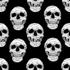 Seamless pattern with skulls in black background in retro tattoos old school, grunge, punk and gothic style . Hand drawn illustrations in engraving style for Halloween, print, background.