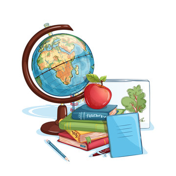 Composition with school supplies on a white background. Globe, a stack of books, an apple, a sketchbook and a notebook with a pen. Back to school.