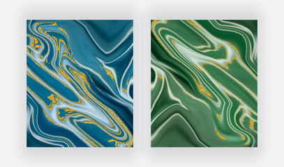 Blue and green with golden glitter liquid ink painting abstract backgrounds.
