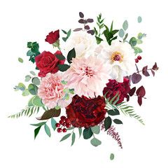 Classic luxurious red rose, pink carnation, dahlia, white peony, berry, burgundy astilbe