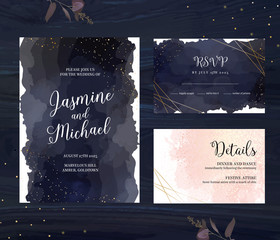 Elegant wedding cards with night sky, golden glitter and blush pink watercolor art
