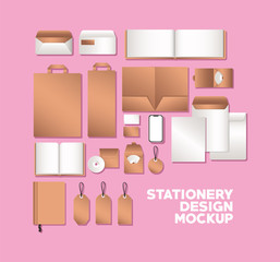 bags and mockup set on pink background of corporate identity and stationery design theme Vector illustration © Grgroup