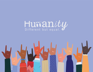 humanity different but equal and diversity hands up with rock sign design, people multiethnic race and community theme Vector illustration