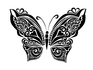 Butterfly decorative tattoo. Black Butterfly from patterns. Vector illustration