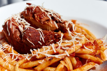 Freshly served in the restaurant pastitsada of beef with bucatini pasta. The most famous and...