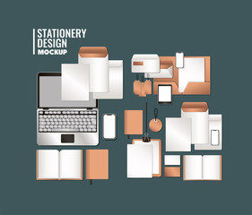 laptop and mockup set on green background of corporate identity and stationery design theme Vector illustration © Grgroup