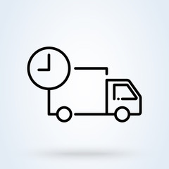 Fast shipping delivery truck in linear. Freight forwarding services with clock thin line icon,  illustration.