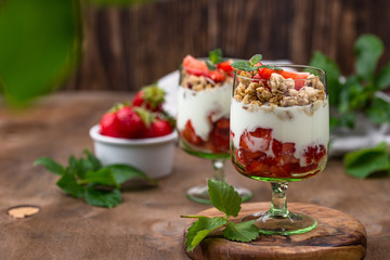 Dessert with strawberry, yogurt and granola