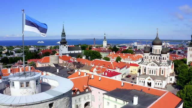 Estonian flag on Tall Hermann Tower in the Old Town of Tallinn, Estonia