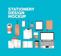laptop tablet and mockup set on blue background of corporate identity and stationery design theme Vector illustration © Grgroup