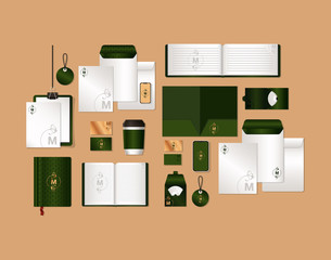 mockup set with green and m branding of corporate identity and stationery design theme Vector illustration © Grgroup